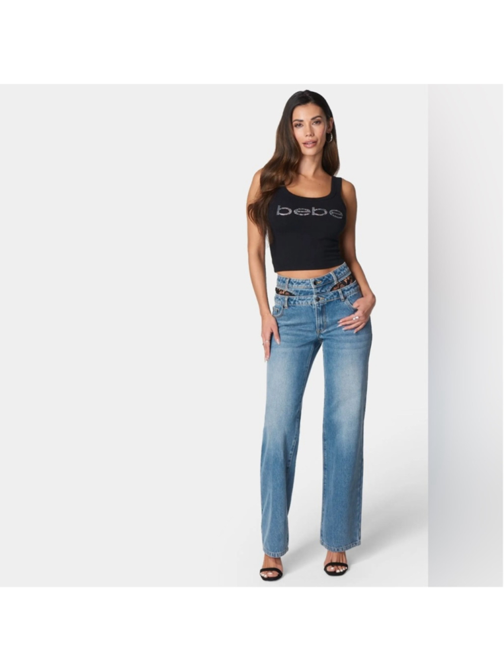 NIB Bebe Double High Waistband Lace Insert Wide Leg Full Length Jeans size 31